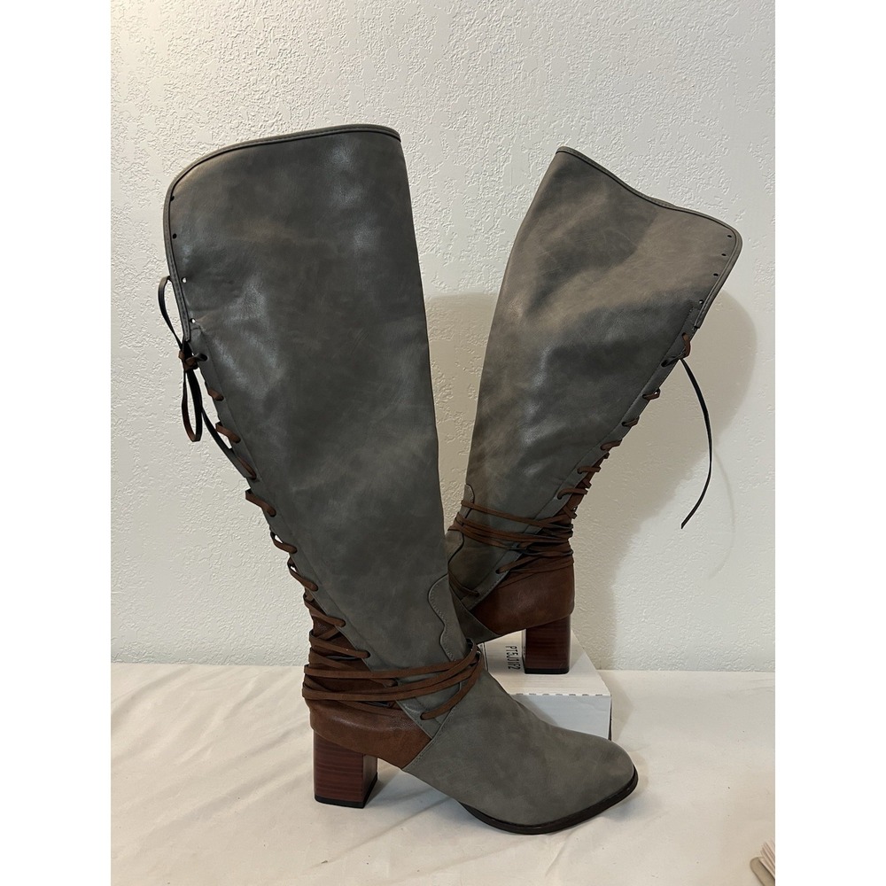Gray Brown Boots Women EU 42 11M 11.5M Side Zip Faux Leather Over Knee Lined NEW
